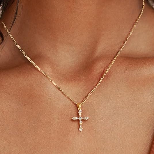 Cross Necklace for Women,Double Cross Necklace 14K Gold Plated Cross Pendant