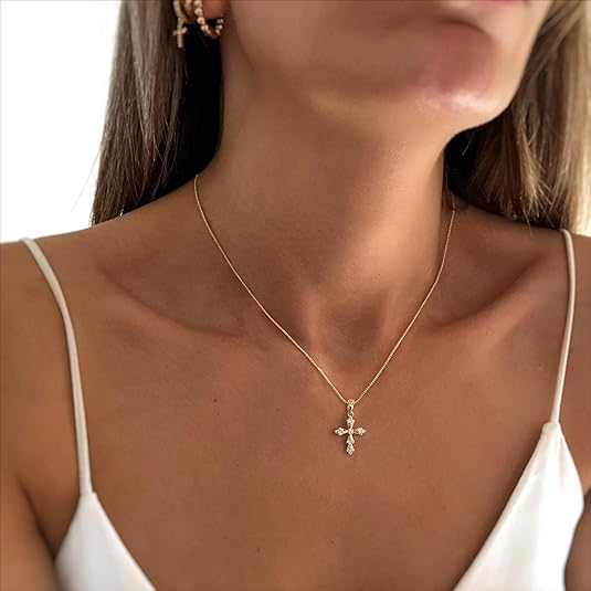 Cross Necklace for Women,Double Cross Necklace 14K Gold Plated Cross Pendant
