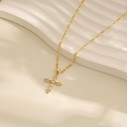 Cross Necklace for Women,Double Cross Necklace 14K Gold Plated Cross Pendant